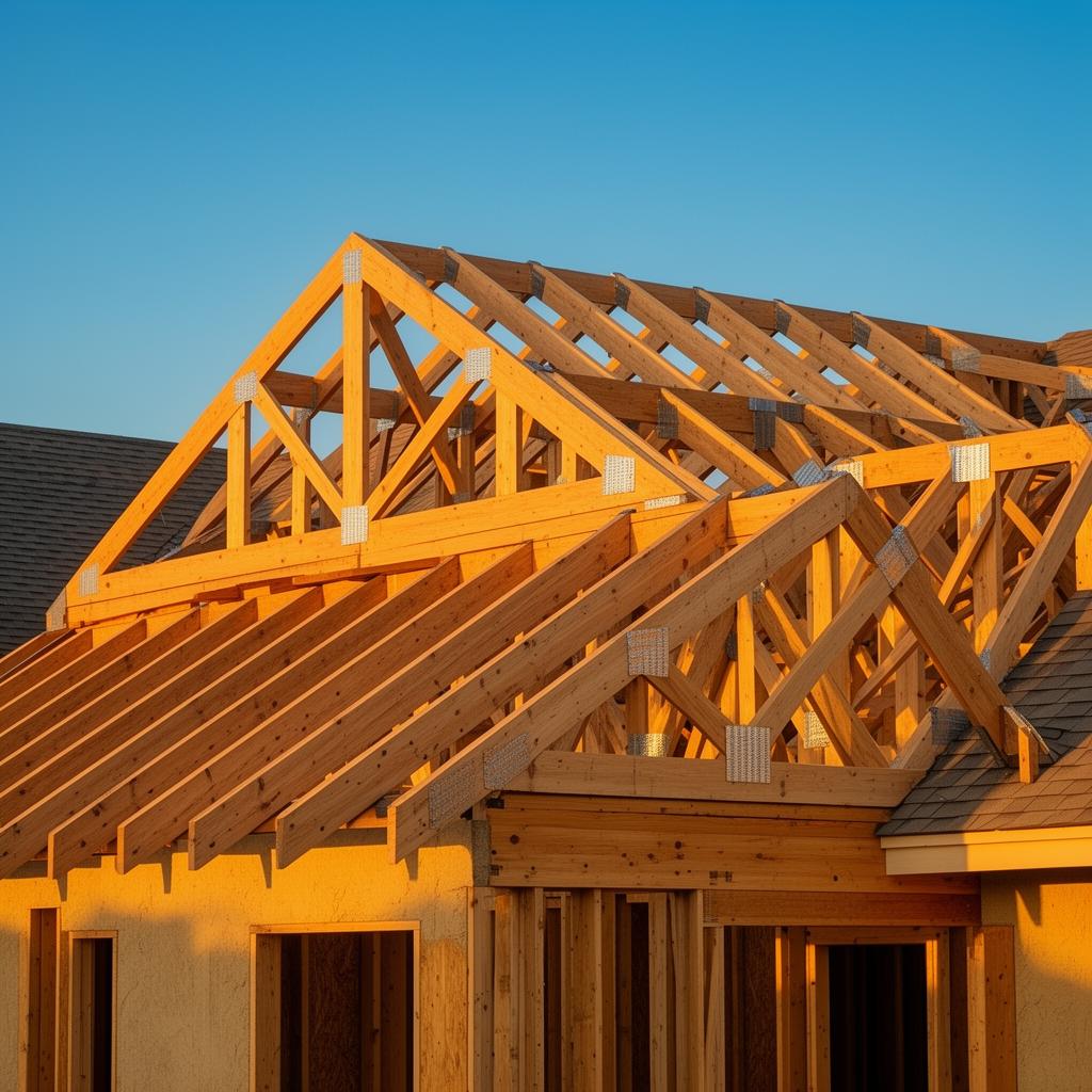 Medinės stogo santvaros sumontuotos ant gyvenamojo namo